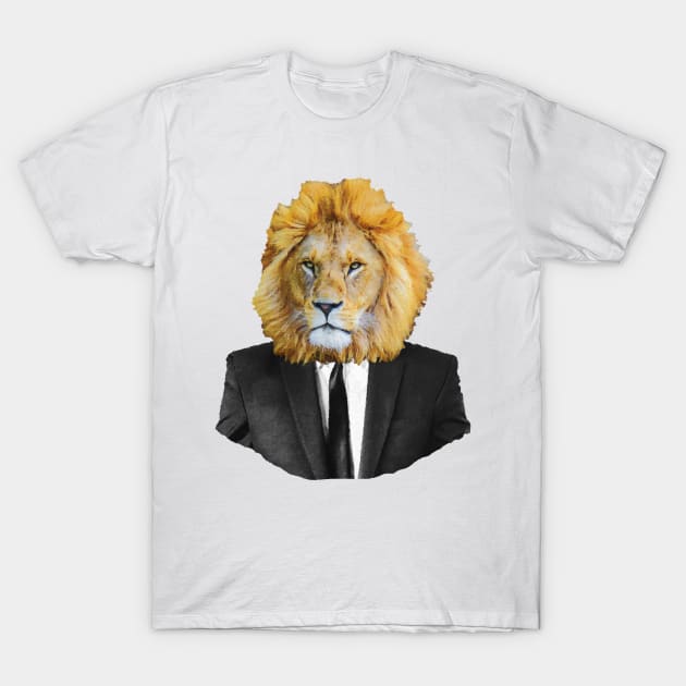 Lion portrait in black suit T-Shirt by DarkMaskedCats